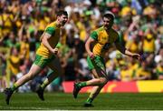 24 June 2018; Paddy McGrath of Donegal celebrates with Jamie Brennan, left, after scoring his side's third goal of the game during the Ulster GAA Football Senior Championship Final match between Donegal and Fermanagh at St Tiernach's Park in Clones, Monaghan. Photo by Ramsey Cardy/Sportsfile