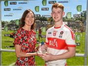 24 June 2018; Declan Cassidy of Derry is presented with his Man of the Match Award by Eirgrid’s External Communications Manager, Valerie Hedin,after the EirGrid Ulster GAA Football U20 Championship Final match between Armagh and Derry at St Tiernach's Park in Clones, Monaghan. Photo by Oliver McVeigh/Sportsfile