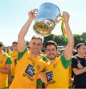 24 June 2018; Patrick McBrearty, left, and Ryan McHugh of Donegal celebrate after the Ulster GAA Football Senior Championship Final match between Donegal and Fermanagh at St Tiernach's Park in Clones, Monaghan. Photo by Oliver McVeigh/Sportsfile