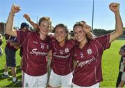 24 June 2018; Galway players, from left, Sarah Conneally, Deirdre Brennan and Sarah Lynch celebrate following their side's victory during the TG4 Connacht Ladies Senior Football Final match between Mayo and Galway at Elvery’s MacHale Park in Castlebar, Mayo. Photo by Seb Daly/Sportsfile