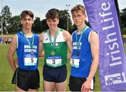 23 June 2018; Boys 800m medallists, from left, Jake Bagge of Ardscoil na Mara, Tramore, Co. Waterford, silver, Louis O'Loughlin of Moyle Park College, Dublin, gold, and Rory Pendeville of John the Baptist CS, Co. Limerick, bronze, during the Irish Life Health Tailteann Games T&F Championships at Morton Stadium, in Santry, Dublin. Photo by Tomás Greally/Sportsfile