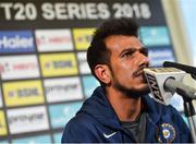 26 June 2018; Yuzvendra Chahal of India speaking during an India Cricket press conference, ahead of their T20 International series against Ireland, at Malahide Cricket Club in Dublin. Photo by Seb Daly/Sportsfile