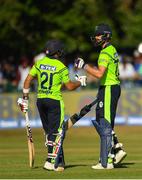 27 June 2018; James Shannon, right, of Ireland is congratulated by team-mate Simi Singh after scoring half a century during the T20 International match between Ireland and India at Malahide Cricket Club Ground in Dublin. Photo by Seb Daly/Sportsfile
