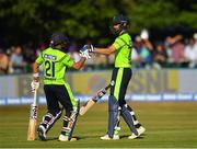 27 June 2018; James Shannon, right, of Ireland is congratulated by team-mate Simi Singh after scoring half a century during the T20 International match between Ireland and India at Malahide Cricket Club Ground in Dublin. Photo by Seb Daly/Sportsfile