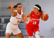 27 June 2018; Marta Perez of Gibraltar in action against Ena Viso of Denmark during the FIBA 2018 Women's European Championships for Small Nations Group A match between Denmark and Gibraltar at the Mardyke Arena in Cork, Ireland. Photo by Brendan Moran/Sportsfile