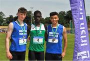 23 June 2018; Boys 100m medallists, from left, Cillian Griffin of Munster, silver, Israel Olatundle of Leinster, gold, and Cillian Griffin of Munster, bronze, during the Irish Life Health Tailteann Games T&F Championships at Morton Stadium, in Santry, Dublin. Photo by Tomás Greally/Sportsfile