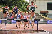 23 June 2018; Runners from left, Alex Murray of Leinster, Gavin Kenny of Munster and right, John Fanning of Leinster, take the water jump, during the Boys 1500m Steeplechase event, during the Irish Life Health Tailteann Games T&F Championships at Morton Stadium, in Santry, Dublin. Photo by Tomás Greally/Sportsfile