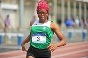 23 June 2018; Damiola Adesina of Leinster, crosses the line to win the Girls 100m event, during the Irish Life Health Tailteann Games T&F Championships at Morton Stadium, in Santry, Dublin. Photo by Tomás Greally/Sportsfile