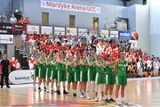 26 June 2018; The Ireland team stand for the national anthem prior to the FIBA 2018 Women's European Championships for Small Nations Group B match between Norway and Ireland at the Mardyke Arena in Cork, Ireland. Photo by Brendan Moran/Sportsfile