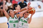 28 June 2018; Claire Rockall of Ireland, right, claims a rebound ahead of team-mate Grainne Dwyer and Petra Orlovic of Cyprus during the FIBA 2018 Women's European Championships for Small Nations Group B match between Ireland and Cyprus at Mardyke Arena, Cork, Ireland. Photo by Brendan Moran/Sportsfile