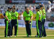 29 June 2018; Isobel Joyce of Ireland, centre, is congratulated team-mates after claiming the wicket of Fahima Khatun of Bangladesh during the Women's T20 International match between Ireland and Bangladesh at Malahide Cricket Club Ground in Dublin. Photo by Seb Daly/Sportsfile