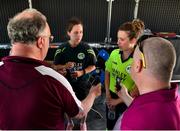 29 June 2018; Ireland captain Laura Delany, left, and Cecelia Joyce talk to members of the media following the Women's T20 International match between Ireland and Bangladesh at Malahide Cricket Club Ground in Dublin. Photo by Seb Daly/Sportsfile