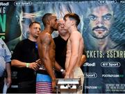 29 June 2018; Adeilson Dos Santos, left, and Michael Conlan weigh in ahead of their Super Featherweight bout at the Europa Hotel in Belfast. Photo by Mark Marlow/Sportsfile