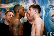 29 June 2018; Adeilson Dos Santos, left, and Michael Conlan weigh in ahead of their Super Featherweight bout at the Europa Hotel in Belfast. Photo by Mark Marlow/Sportsfile