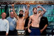 29 June 2018; Jono Carroll, left, and Declan Geraghty weigh in ahead of their Super Featherweight bout at the Europa Hotel in Belfast. Photo by Mark Marlow/Sportsfile