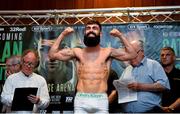 29 June 2018; Jono Carroll weighs in ahead of his Super Featherweight bout with Declan Geraghty at the Europa Hotel in Belfast. Photo by Mark Marlow/Sportsfile