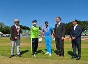 29 June 2018; Captains Gary Wilson of Ireland, second on left, and Virat Kohli of India, centre, and match referee Chris Broad, second right, during the toss prior to the T20 International match between Ireland and India at Malahide Cricket Club Ground in Dublin. Photo by Seb Daly/Sportsfile
