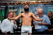 29 June 2018; Jono Carroll weighs in ahead of his Super Featherweight bout with Declan Geraghty at the Europa Hotel in Belfast. Photo by Mark Marlow/Sportsfile