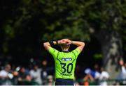 29 June 2018; Boyd Rankin of Ireland reacts to a boundary during the T20 International match between Ireland and India at Malahide Cricket Club Ground in Dublin. Photo by Seb Daly/Sportsfile