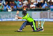 29 June 2018; William Porterfield of Ireland is bowled out by Umesh Yadav of India during the T20 International match between Ireland and India at Malahide Cricket Club Ground in Dublin. Photo by Seb Daly/Sportsfile