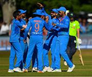 29 June 2018; Lokesh Rahul of India, right, is congratulated by team-mates after catching out James Shannon of Ireland during the T20 International match between Ireland and India at Malahide Cricket Club Ground in Dublin. Photo by Seb Daly/Sportsfile