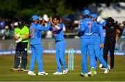 29 June 2018; Yuzvendra Chahal of India, centre, is congratulated by team-mate Suresh Raina after bowling out Andrew Balbirnie of Ireland during the T20 International match between Ireland and India at Malahide Cricket Club Ground in Dublin. Photo by Seb Daly/Sportsfile