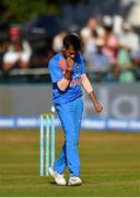 29 June 2018; Yuzvendra Chahal of India celebrates after bowling out Andrew Balbirnie of Ireland during the T20 International match between Ireland and India at Malahide Cricket Club Ground in Dublin. Photo by Seb Daly/Sportsfile