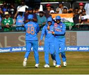 29 June 2018; Kuldeep Yadav of India, centre, is congratulated by team-mates Suresh Raina, left, and Manish Pandey, right, after catching out Kevin O'Brien of Ireland during the T20 International match between Ireland and India at Malahide Cricket Club Ground in Dublin. Photo by Seb Daly/Sportsfile