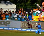 29 June 2018; Kuldeep Yadav of India catches out Kevin O'Brien of Ireland during the T20 International match between Ireland and India at Malahide Cricket Club Ground in Dublin. Photo by Seb Daly/Sportsfile