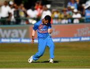 29 June 2018; Yuzvendra Chahal of India celebrates after bowling out Stuart Thompson of Ireland during the T20 International match between Ireland and India at Malahide Cricket Club Ground in Dublin. Photo by Seb Daly/Sportsfile