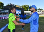 29 June 2018; Captains Gary Wilson of Ireland and Virat Kohli of India shake hands following the T20 International match between Ireland and India at Malahide Cricket Club Ground in Dublin. Photo by Seb Daly/Sportsfile