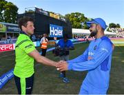 29 June 2018; Captains Gary Wilson of Ireland and Virat Kohli of India shake hands following the T20 International match between Ireland and India at Malahide Cricket Club Ground in Dublin. Photo by Seb Daly/Sportsfile