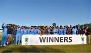 29 June 2018; India players and staff celebrate with the trophy following the T20 International match between Ireland and India at Malahide Cricket Club Ground in Dublin. Photo by Seb Daly/Sportsfile