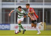 29 June 2018; Joel Coustrain of Shamrock Rovers in action against Ben Doherty of Derry City during the SSE Airtricity League Premier Division match between Shamrock Rovers and Derry City at Tallaght Stadium in Dublin. Photo by Eóin Noonan/Sportsfile