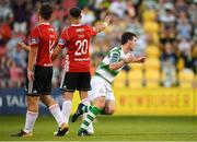 29 June 2018; Joel Coustrain of Shamrock Rovers celebrates after scoring his side's second goal during the SSE Airtricity League Premier Division match between Shamrock Rovers and Derry City at Tallaght Stadium in Dublin. Photo by Eóin Noonan/Sportsfile