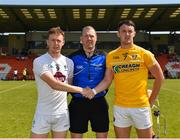 30 June 2018; Captains Brian Byrne of Kildare and Conor McKinley of Antrim with referee David Hughes during the coin toss prior to the Joe McDonagh Cup Relegation / Promotion play-off match between Antrim and Kildare at the Athletic Ground in Armagh. Photo by Seb Daly/Sportsfile