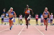 30 June 2018; Rhasidat Adeleke of Tallaght A.C. Co. Dublin, centre, on her way to winning the Junior Women 100m event, ahead of Molly Scott of St. L. O'Toole A.C. Co. Carlow, left, and Aoife Lynch of Donore Harriers Co. Dublin, during the Irish Life Health National Junior & U23 T&F Championships at Tullamore Harriers Stadium in Tullamore, Offaly. Photo by Sam Barnes/Sportsfile