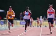 30 June 2018; Israel Olatunde of Dundealgan A.C., Co. Louth, on his way to winning the Junior Men 100m event, ahead of Colin Doyle of Leevale A.C., Co. Cork, left, and Jack Dempsey of Galway City Harriers A.C. Co. Galway, during the Irish Life Health National Junior & U23 T&F Championships at Tullamore Harriers Stadium in Tullamore, Offaly. Photo by Sam Barnes/Sportsfile