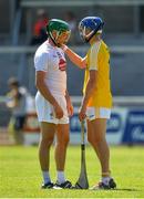 30 June 2018; Dermot Cathal of Kildare, left, and Keelan Molloy of Antrim following the Joe McDonagh Cup Relegation / Promotion play-off match between Antrim and Kildare at the Athletic Ground in Armagh. Photo by Seb Daly/Sportsfile