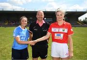 30 June 2018; Sarah Fagan of Dublin and Ciara McCarthy of Cork shake hands with Referee Jonathan Murphy prior to the GAA All-Ireland Minor A Ladies Football Semi-final match between Cork and Dublin at MacDonagh Park in Nenagh, Tipperary. Photo by Harry Murphy/Sportsfile