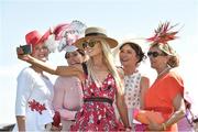 30 June 2018; Regina Horan from Malahide, Co Dublin, centre, winner of the best dressed lady competition with the other four finalists, from left Claire Murphy from Tralee Co Kerry, Eimear Cassidy from Drogheda, Co Louth, Caroline McParland from Co Armagh, Liz Maher from Co Carlow, at day 2 of the Dubai Duty Free Irish Derby Festival at the Curragh Racecourse in Kildare. Photo by Matt Browne/Sportsfile