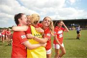 30 June 2018; Fiona Keating, left, and Rachel Murphy of Cork celebrate after the GAA All-Ireland Minor A Ladies Football Semi-final match between Cork and Dublin at MacDonagh Park in Nenagh, Tipperary. Photo by Harry Murphy/Sportsfile
