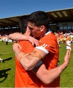 30 June 2018; Aidan Forker, left, and Rory Grugan of Armagh congratulate each other following their side's victory during the GAA Football All-Ireland Senior Championship Round 3 match between Armagh and Clare at the Athletic Grounds in Armagh. Photo by Seb Daly/Sportsfile