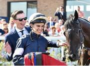 30 June 2018; Jockey Donnacha O'Brien and trainer Joseph O'Brien celebrate in the winner's enclosure after winning the Dubai Duty Free Irish Derby with Latrobe during day 2 of the Dubai Duty Free Irish Derby Festival at the Curragh Racecourse in Kildare. Photo by Matt Browne/Sportsfile