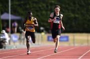 30 June 2018;  Daniel Okoh of Leevale A.C., Co. Cork, left, and Aaron Tierney Smith of Menapians A.C., Co. Wexford, competing in the Junior Men 200m event during the Irish Life Health National Junior & U23 T&F Championships at Tullamore Harriers Stadium in Tullamore, Offaly. Photo by Sam Barnes/Sportsfile