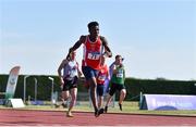 30 June 2018; Reality Osuoha of Fingallians A.C., Co. Dublin, on his way to winning the Junior Men 100m event during the Irish Life Health National Junior & U23 T&F Championships at Tullamore Harriers Stadium in Tullamore, Offaly. Photo by Sam Barnes/Sportsfile