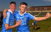 30 June 2018; Dublin players Kevin byrne, left, and full back Ciaran Hogan celebrate after the Electric Ireland Leinster GAA Hurling Minor Championship Final match between Dublin and Kilkenny at O'Moore Park in Portlaoise, Laois. Photo by Ray McManus/Sportsfile