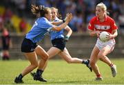 30 June 2018; Ciara McCarthy of Cork in action against Lisa Davies of Dublin during the GAA All-Ireland Minor A Ladies Football Semi-final match between Cork and Dublin at MacDonagh Park in Nenagh, Tipperary. Photo by Harry Murphy/Sportsfile