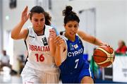 30 June 2018; Veatriki Akathiotou of Cyprus in action against Mireya Benitez of Gibraltar during the FIBA 2018 Women's European Championships for Small Nations Classification match between Gibraltar and Cyprus at Mardyke Arena, Cork, Ireland. Photo by Brendan Moran/Sportsfile