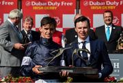 30 June 2018; Jockey Donnacha O'Brien and trainer Joseph O'Brien with the trophy after winning Dubai Duty Free Irish Derby during with Latrobe at day 2 of the Dubai Duty Free Irish Derby Festival at the Curragh Racecourse in Kildare. Photo by Matt Browne/Sportsfile